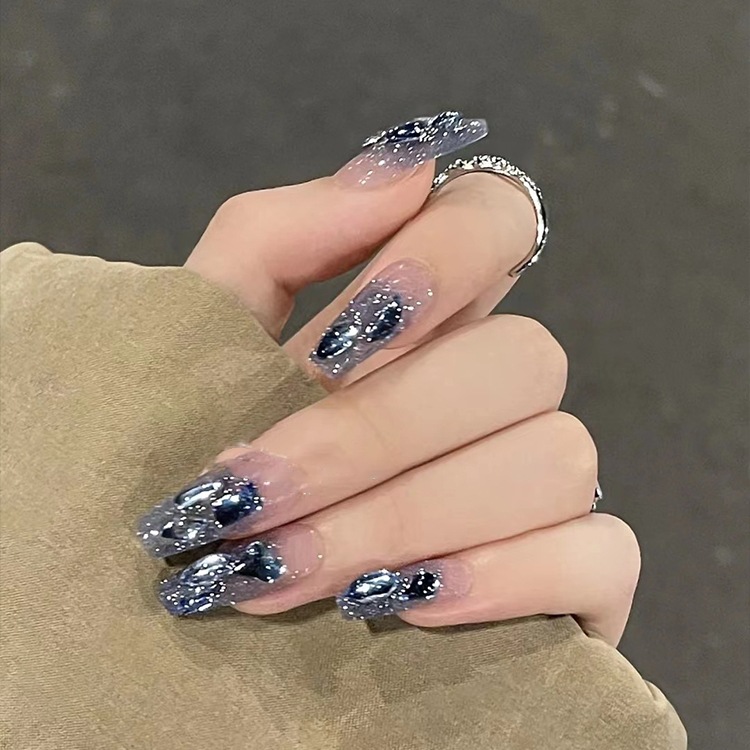 网红冰蓝极光钻爆闪手工光疗美甲成品假指甲贴片防水穿戴甲可拆卸