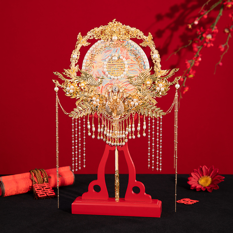 舞绣缘重工团扇新娘结婚出嫁手捧花婚礼香槟色秀禾喜扇diy材料包