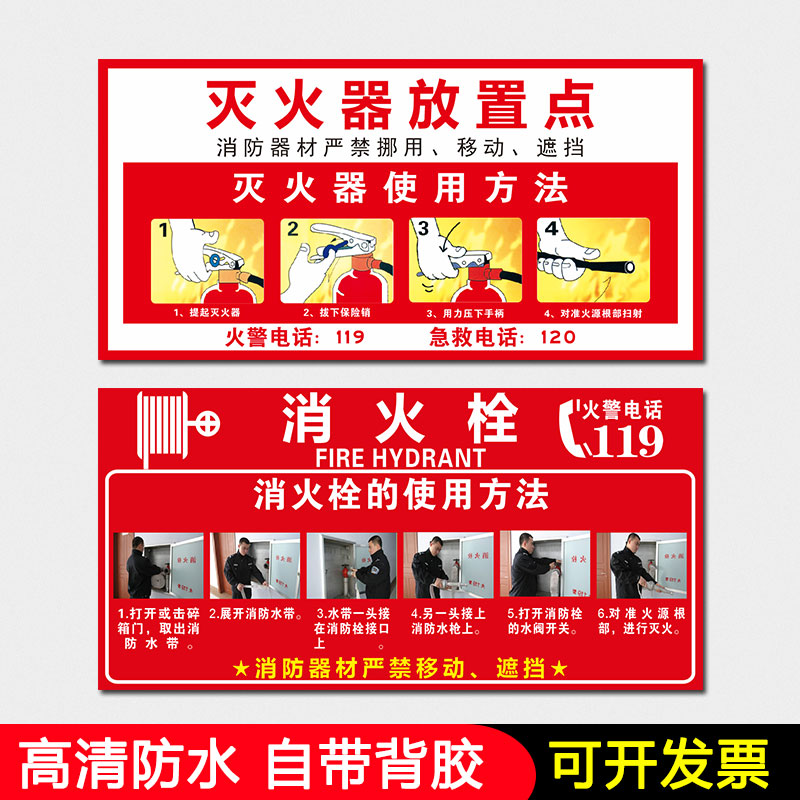 灭火器放置点标识牌消火栓使用方法说明贴纸消防安全检查警示标志消防器材标志标识标牌警示牌火警电话指示牌