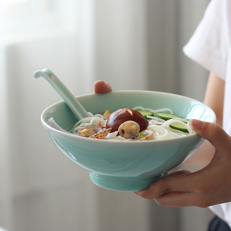 龙泉青瓷斗笠拌面碗家用大号商用陶瓷餐厅泡面拉面碗高脚防烫中式,餐饮具,碗,淘宝优惠券,粉丝福利购,淘宝优惠卷