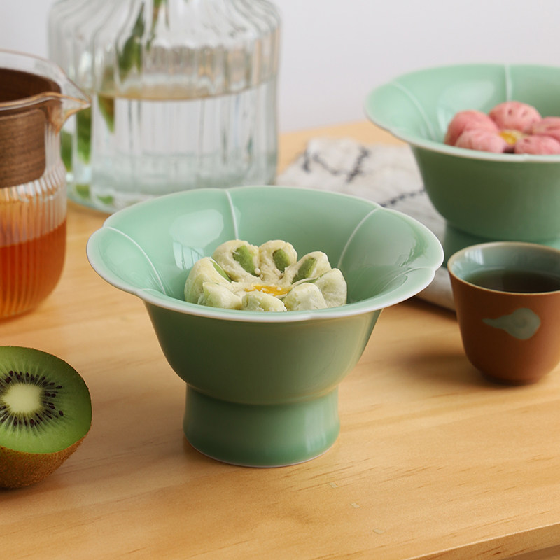 龙泉青瓷仿宋高足碗5英寸点心盘茶室水果零食高脚盘酒店会所餐厅