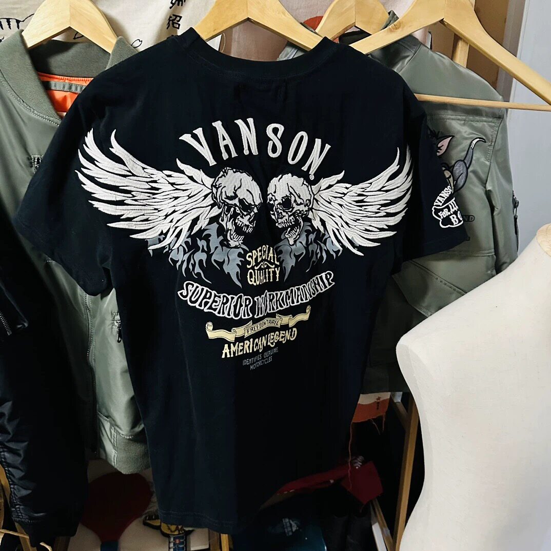 男女情侣Vanson骷髅翅膀刺绣圆领T恤 短袖纯棉磨毛机车洗水做旧