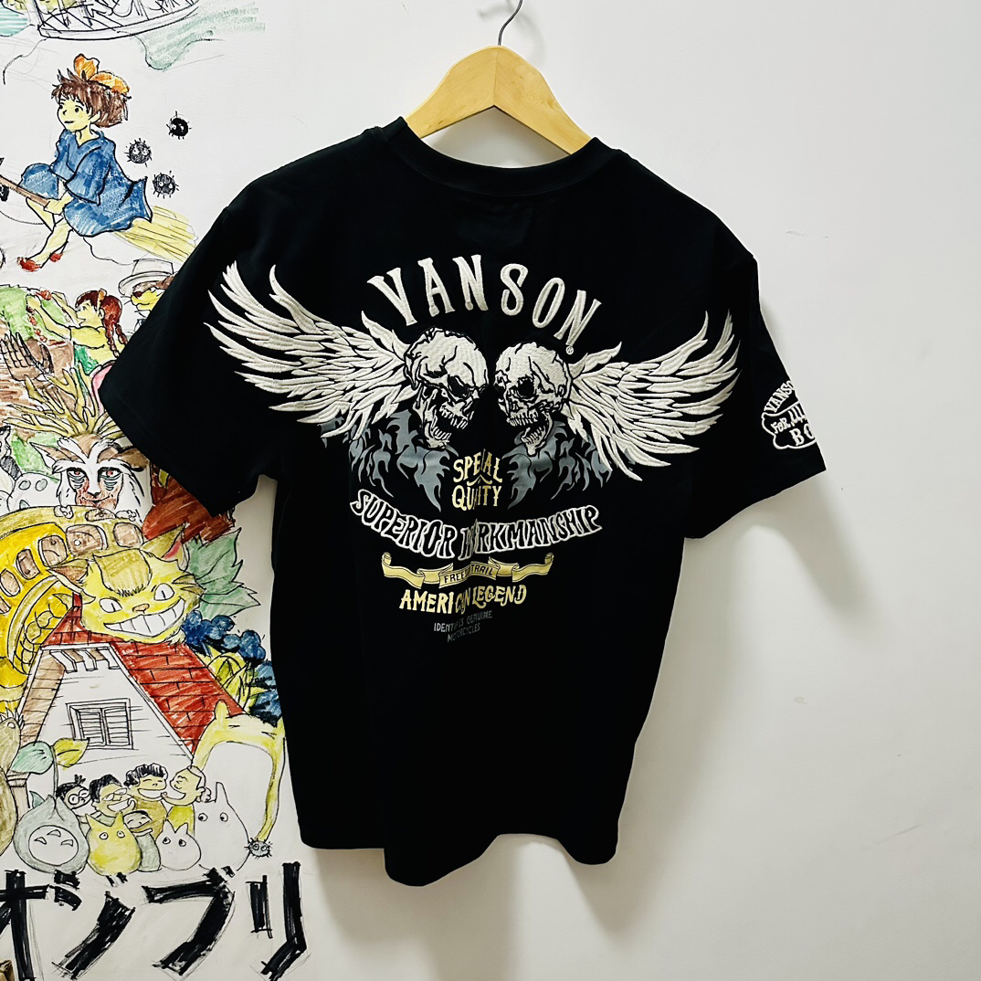 Vanson骷髅翅膀刺绣圆领T恤 短袖纯棉磨毛机车半袖衫洗水做旧固型