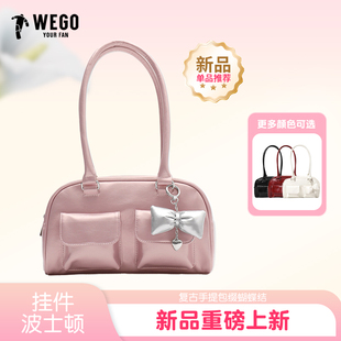WEGO挂件波士顿包复古手提包多口袋手拎包女通勤单肩包小食量女包