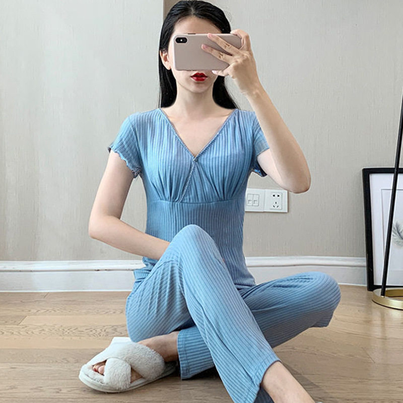 孕妇哺乳睡衣莫代尔短袖套装产后喂奶哺乳期月子服带胸垫家居服女