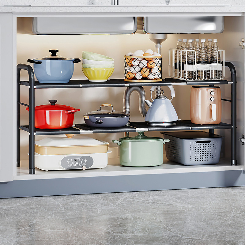 厨房下水槽置物架可伸缩橱柜内分层隔板收纳架多功能放锅储物架子