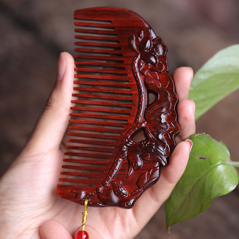 喜上眉梢紫檀梳古风单面雕刻红木梳子礼盒装月梳送女朋友礼物