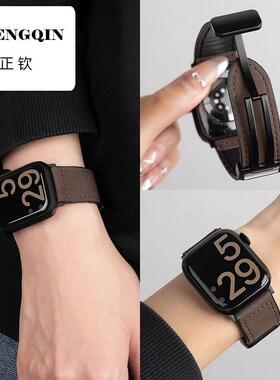 适用苹果S10表带iwatch9手表疯马秋冬S8新款高级磁吸76运动真皮SE