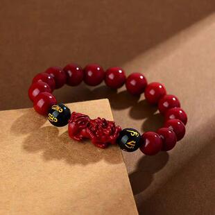 2026朱砂雕刻貔貅手串黑玛瑙六字真言转运珠文玩单圈男士女款手链