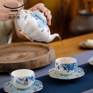 高檔茶壺茶杯2人位禮盒裝 永豐源鉑金青花6頭陶瓷茶具套裝