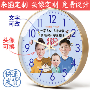 卡通一家人时钟可爱定制刻字换头像客厅电波钟挂钟免打孔卫星对时