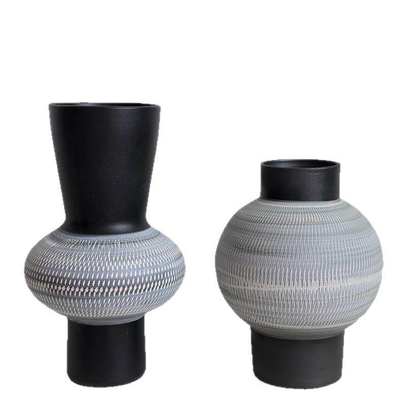中古侘寂风手工刻纹陶瓷花设计师款艺术花器玄关桌面软装陈设