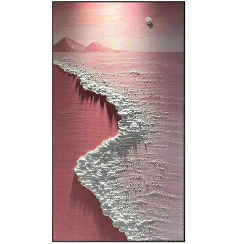 手绘肌理油画抽象海景玄关装饰画竖长款沙滩海浪现石英砂手工画