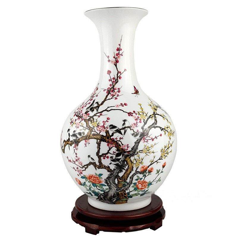 景德镇陶瓷器粉彩喜上眉梢花鸟花瓶中式家居客厅电视柜摆件可礼品