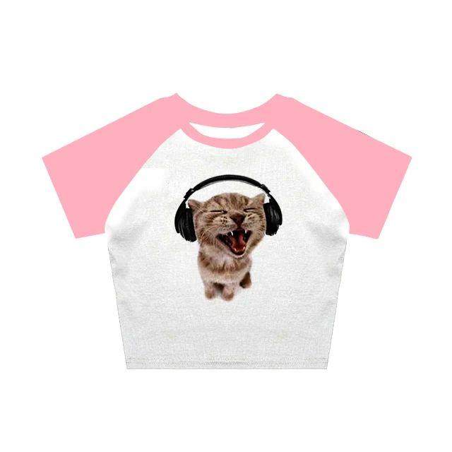 Women Fun Kitten Print T-Shirts 2023 Summer Harajuku Kawaii