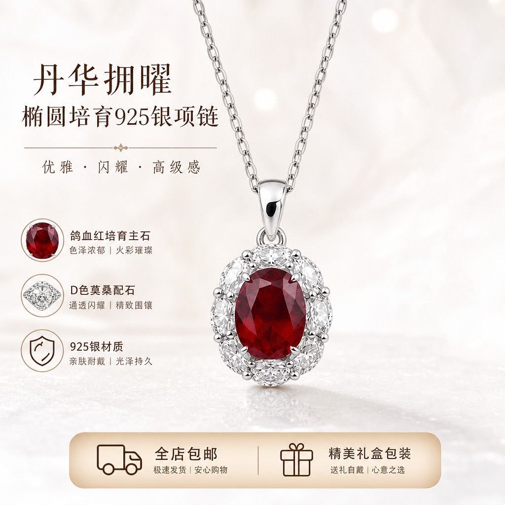 莫桑925银培育彩宝镶嵌项链经典戴妃款圆钻椭圆形低奢小众设计