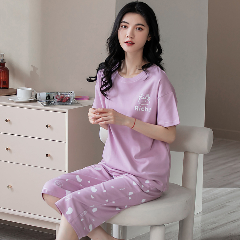 100%纯棉短袖七分裤睡衣女夏季薄款休闲宽松全棉家居服套装可外穿