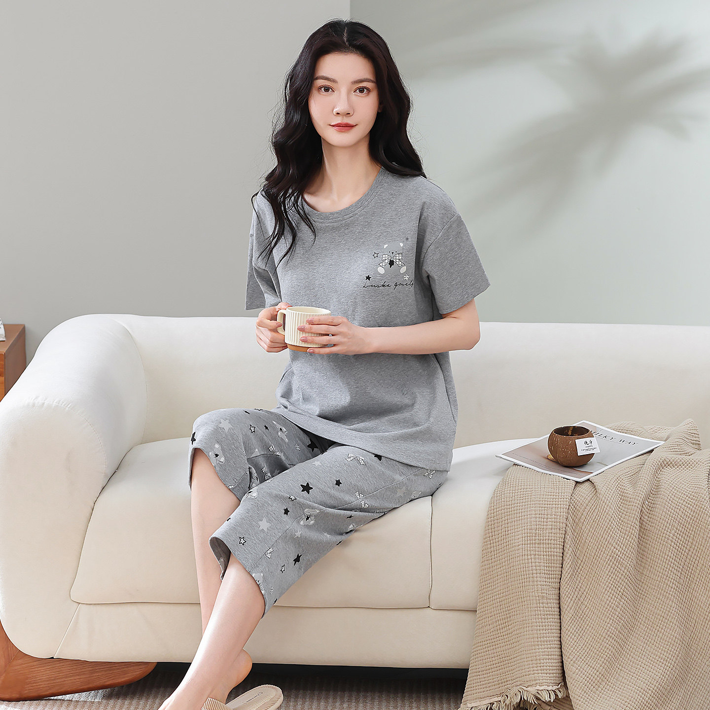 100%纯棉睡衣女夏季新款短袖七分裤灰色薄款全棉家居服可外穿套装