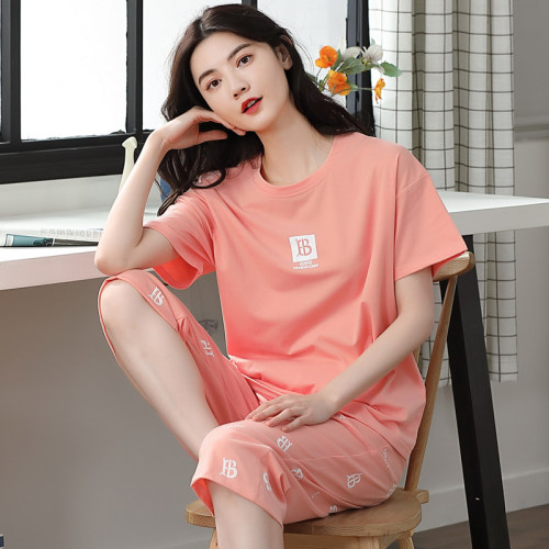100%纯棉睡衣女夏季短袖七分裤