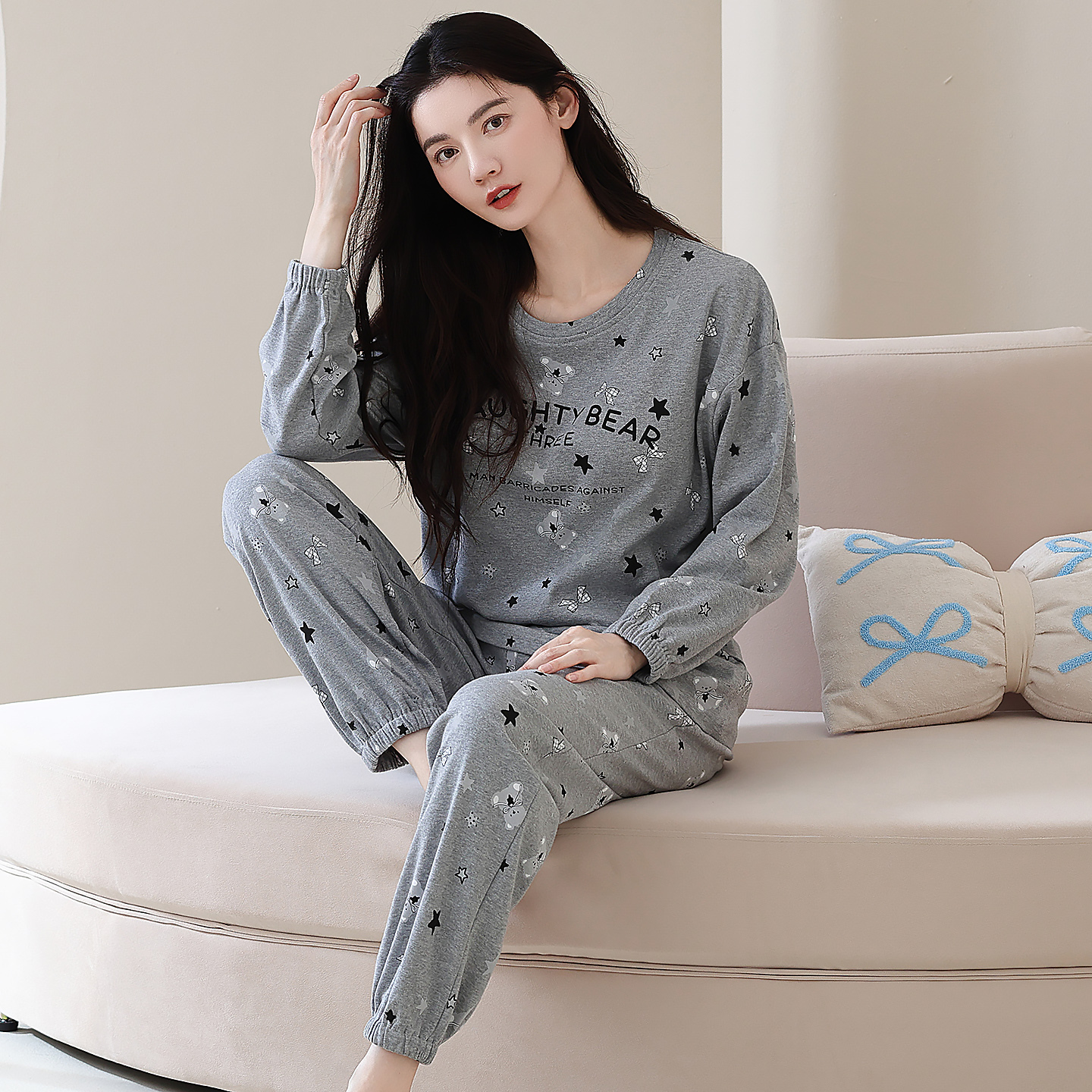 100%纯棉睡衣女秋冬季2025新款长袖束脚灰色休闲家居服可外穿套装