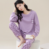 100%纯棉睡衣女秋冬季 可外穿 束脚格子休闲高档家居服套装 新款 长袖