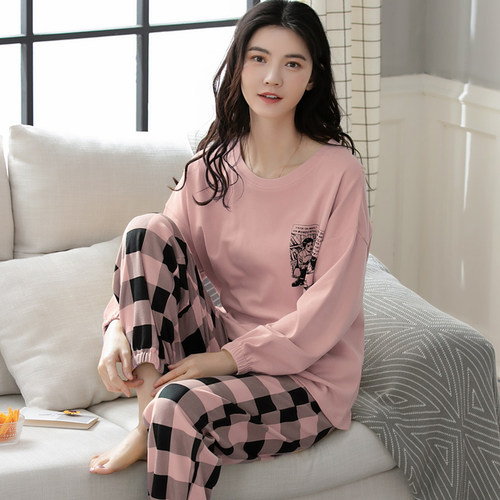 100%纯棉睡衣女春秋季可外穿