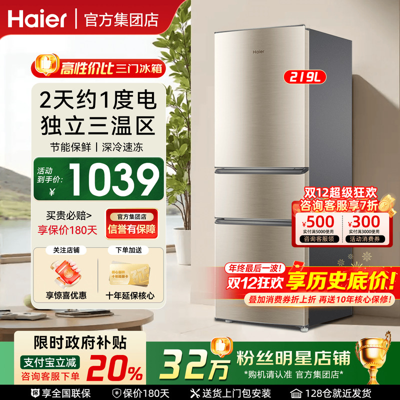 【国补20%】海尔变频冰箱216升