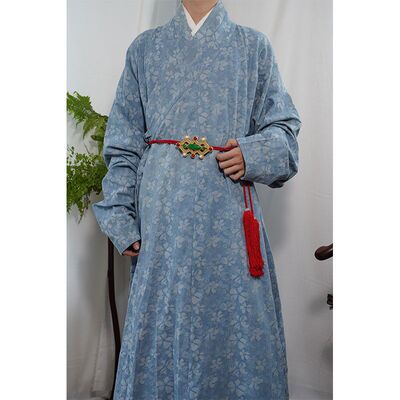希雾国风 明制汉服蓝色牛仔提花明初圆领交领打褶长衫春秋款