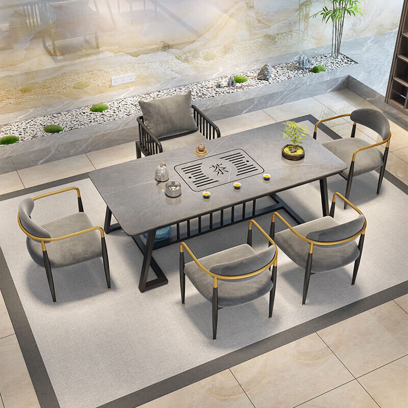 汉唐双盛茶桌椅组合办公家用阳台茶台会客茶几岩板一整套泡茶桌绒