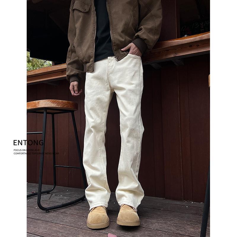 Entong美式高街cleanfit杏色微喇直筒牛仔裤男生复古百搭显瘦长裤