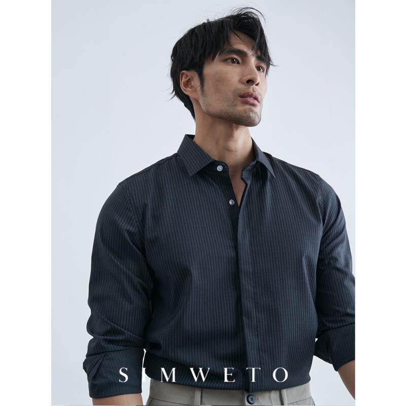 秋季商务绅士 显气质高级感细条纹灰色衬衫长袖免烫带弹力衬衣男