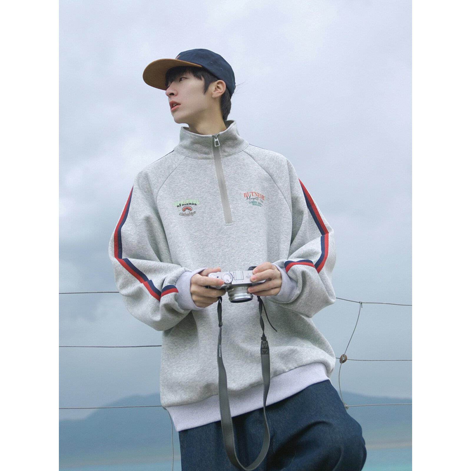 Gogosoon汗衫男士半拉炼翻领春秋季新款天鹅绒夹克春装青年长袖新