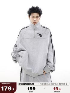 MRNEARLY美式复古休闲运动高街立领情侣卫衣潮牌重磅春秋款套装男