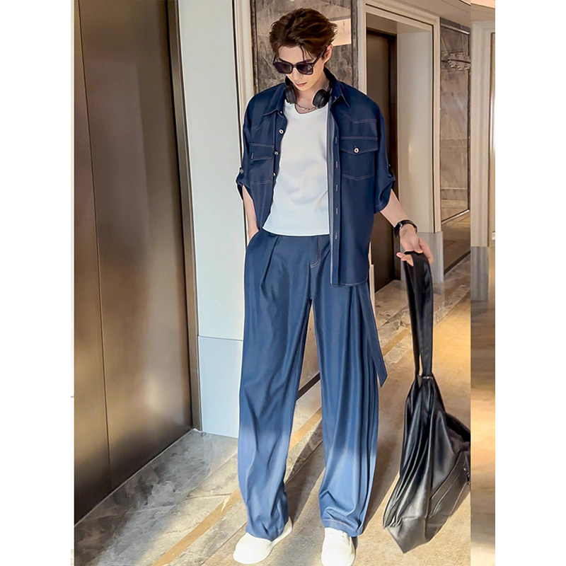 松弛感牛仔衬衫套装男款图片