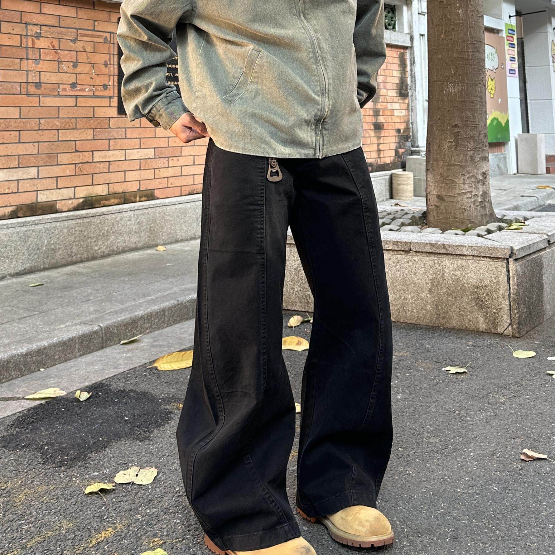 麻饭同学 美式复古拼接解构设计感弯刀工装裤男女宽松阔腿长裤子