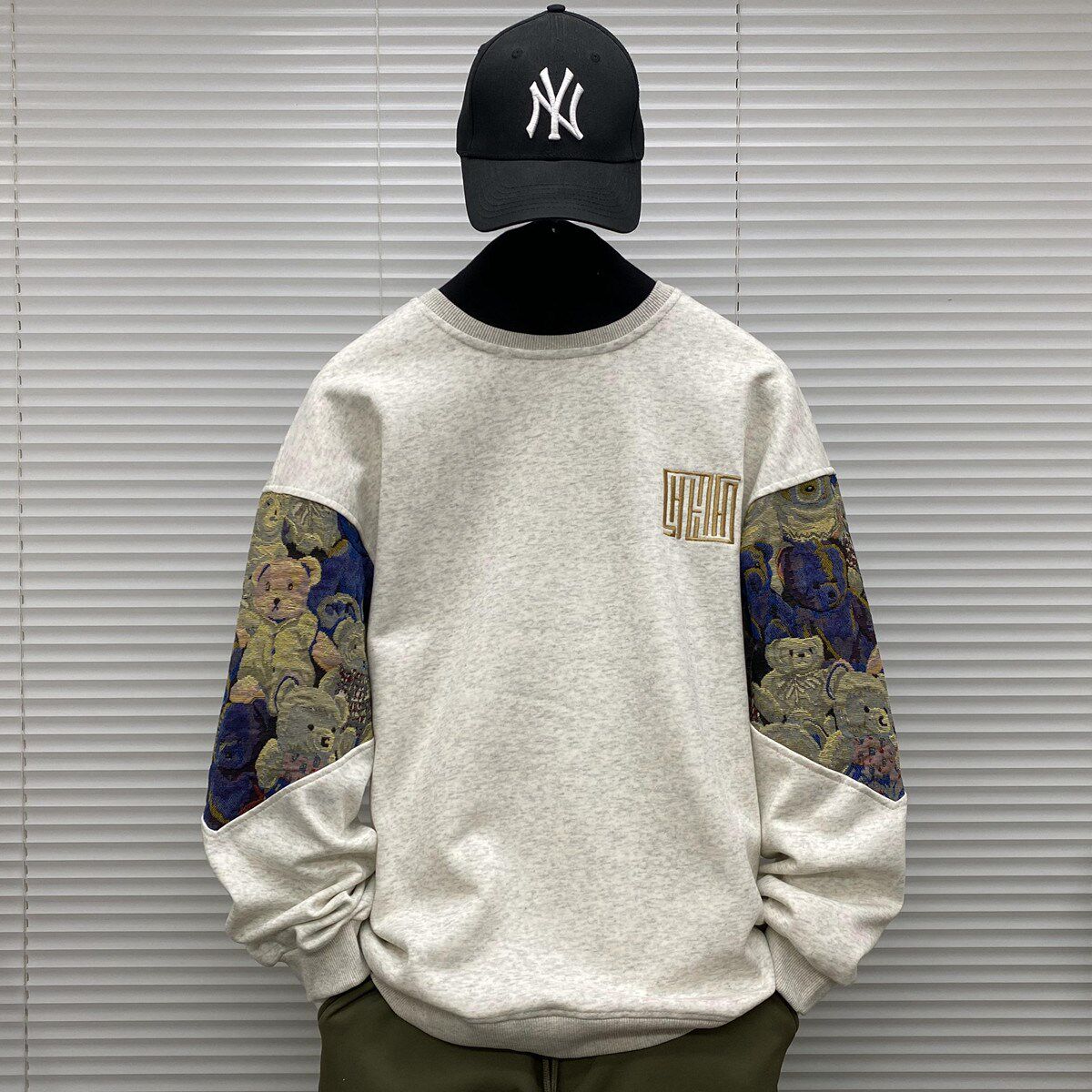 小熊刺绣长袖卫衣男士春秋季装大码青少年休闲无帽内搭潮上衣T恤