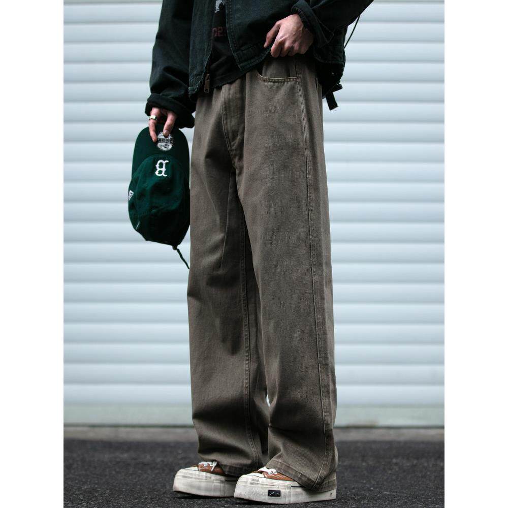 日式覆古水洗破烂基本工装裤男士春秋季宽松微喇叭直筒裤纯棉休闲