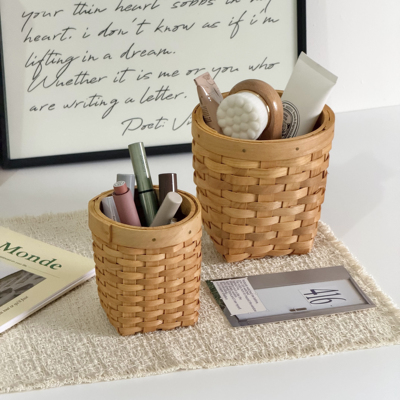 日式复古编织笔筒化妆刷收纳桶学生桌面办公室创意木质文具收纳筒