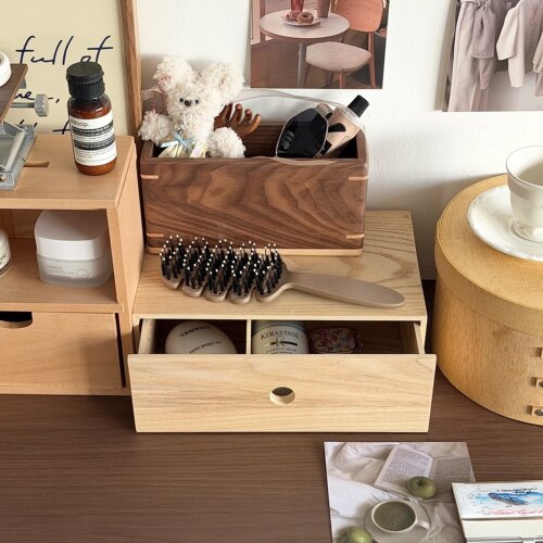 日式收纳盒桌面抽屉式杂物创意木质储物首饰盒家居梳妆台摆件简约