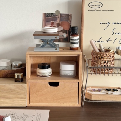 榉木桌面化妆品木质收纳盒家居置物架洗漱梳妆台护肤品原木整理盒