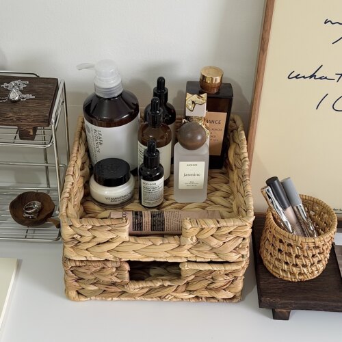 梳妆台叠加桌面收纳盒编织篮子杂物收纳筐化妆品护肤品桌面收纳筐