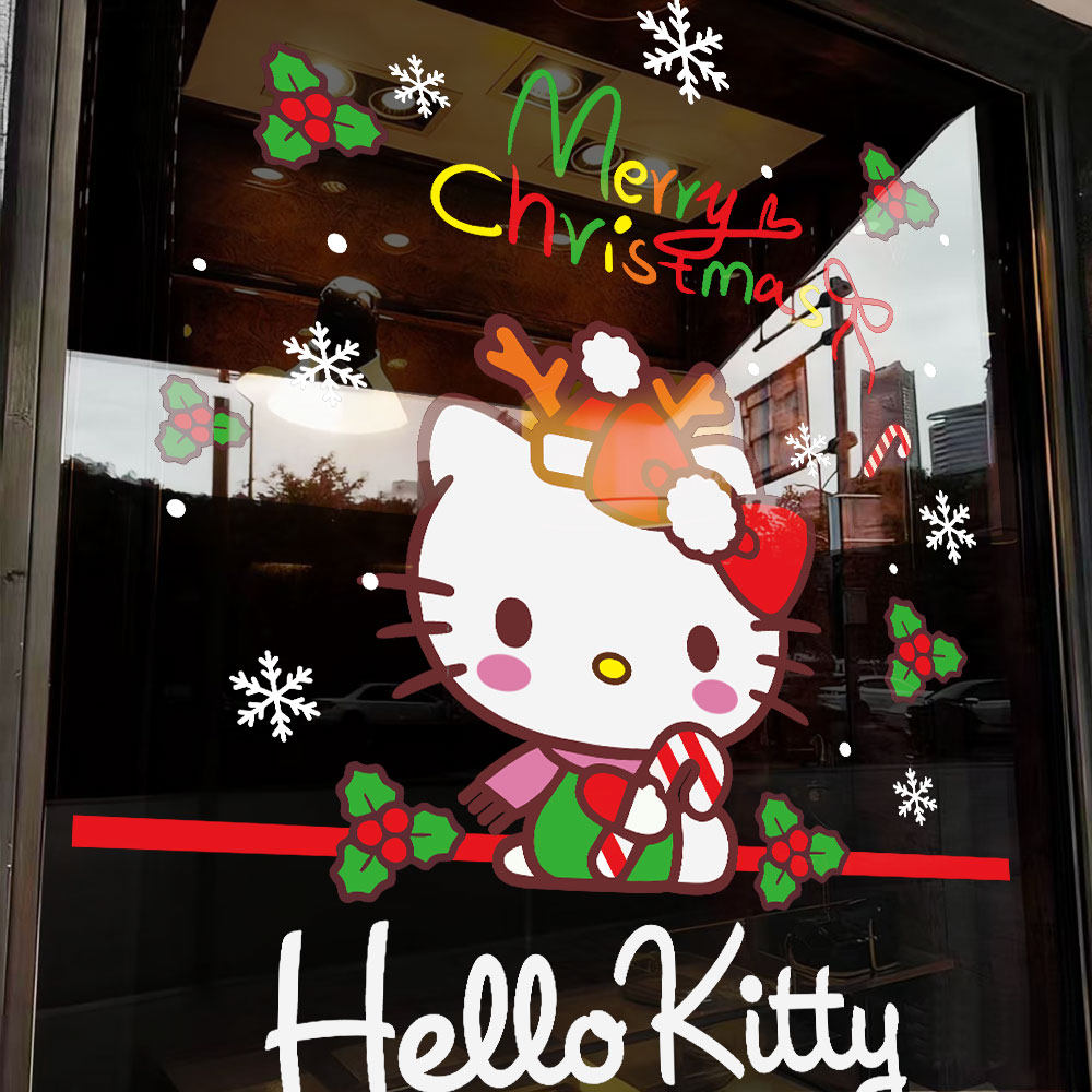 2027圣诞节装饰玻璃橱窗贴纸hellokitty耶诞静电贴门贴画新年窗花