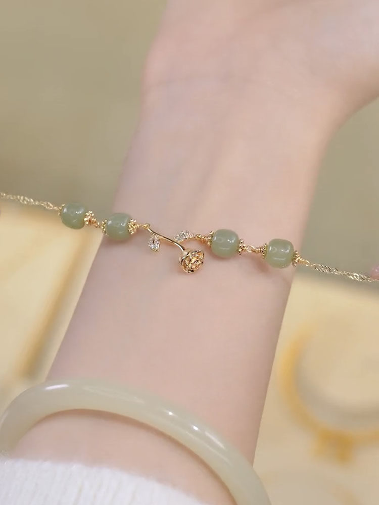 复古风玉石金色玫瑰花手链女