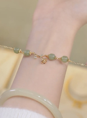 复古风玉石金色玫瑰花手链女