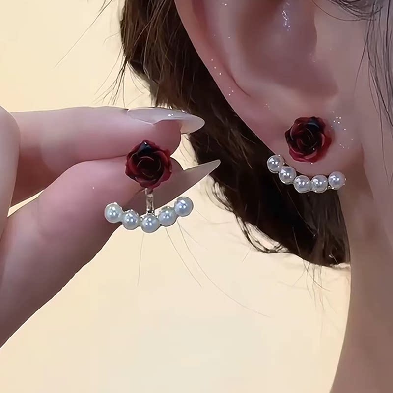 红色玫瑰花珍珠银针耳钉女
