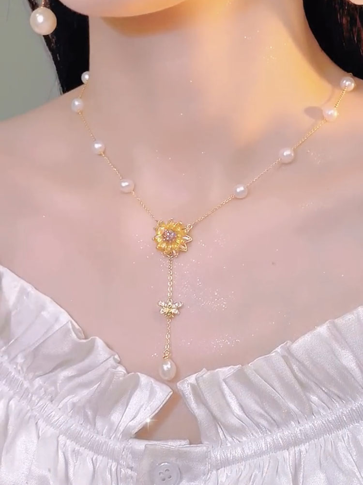 设计感旋转向日葵淡水珍珠项链女
