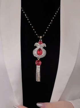 红色水晶福袋流苏毛衣链女