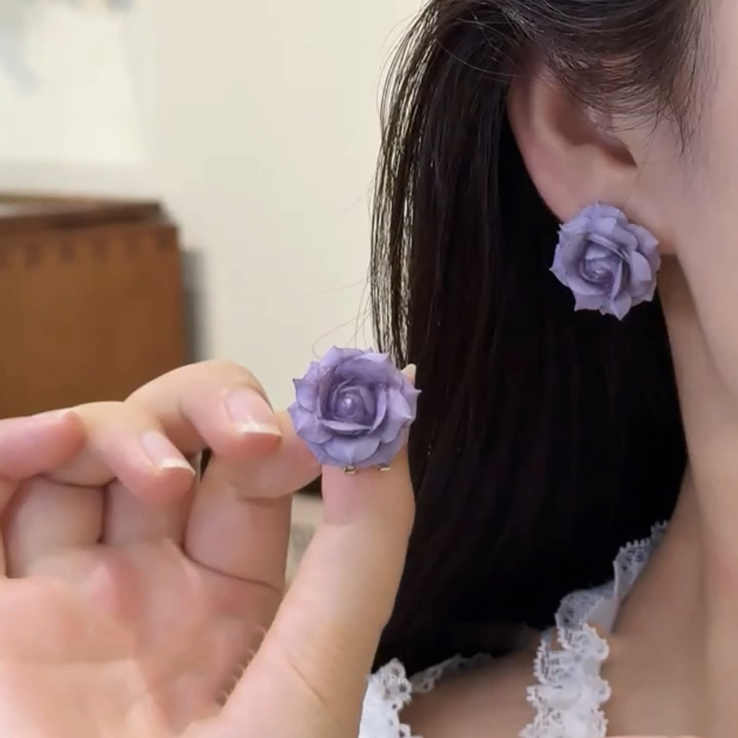 超仙紫色玫瑰花耳钉女