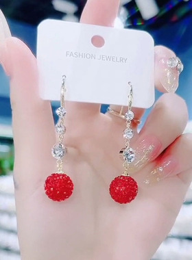 红色钻球锆石球球流苏耳环2021新款潮超仙百搭气质网红爆款耳饰女