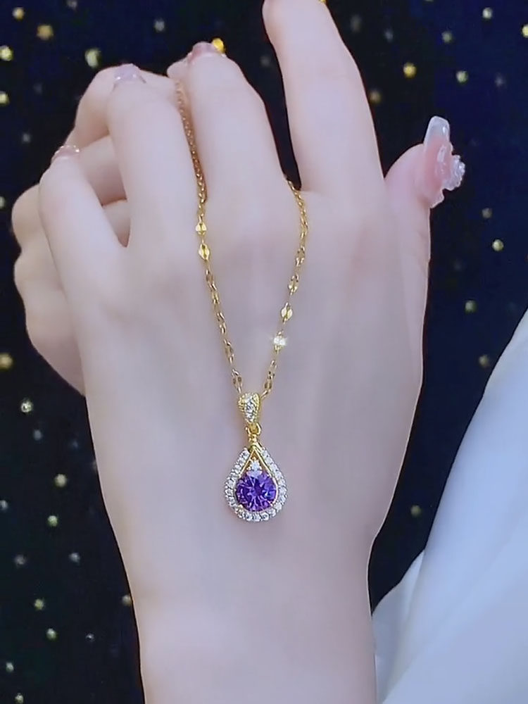 设计感紫色水晶水滴吊坠项链女2023年新款潮气质高级感颈链锁骨链